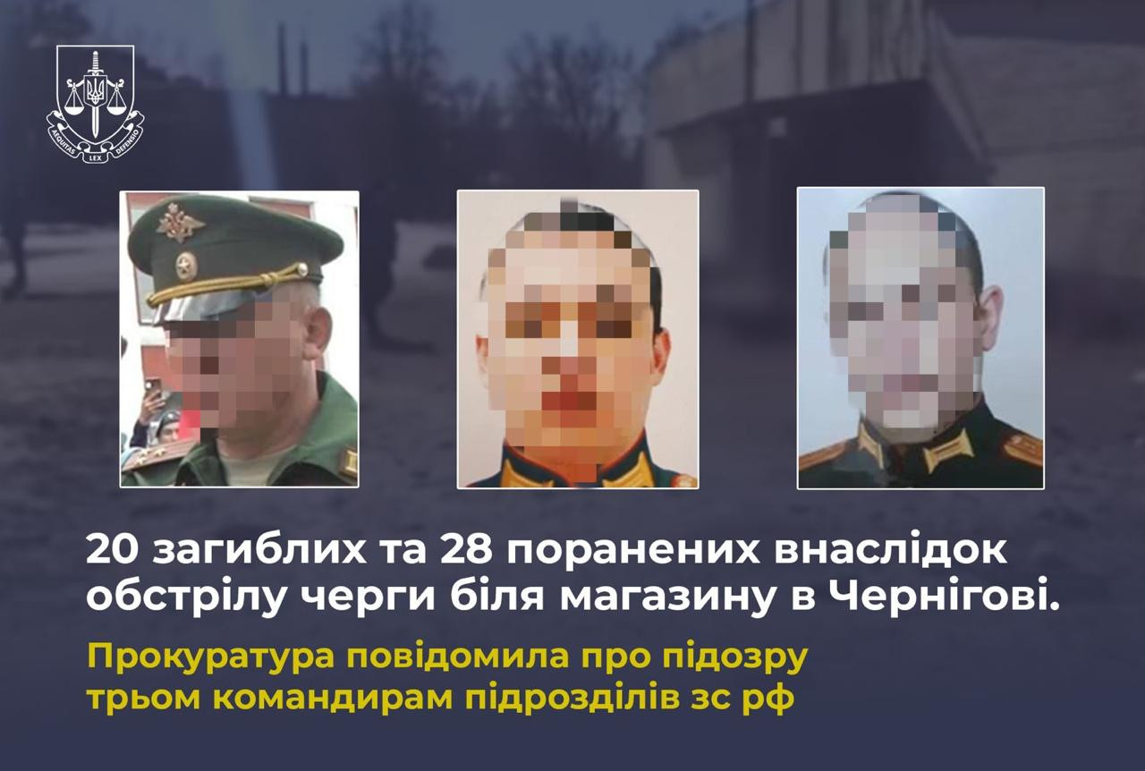 20 killed and 28 wounded as a result of shelling of a queue near a store in Chernihiv. The prosecutor's office reported suspicion to three commanders of the units of the Armed Forces of the Russian Federation